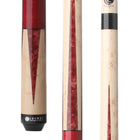 Three close-ups of the Lucasi Lux® LUX47 Pool Cue with red accents and a Birdseye Maple handle.