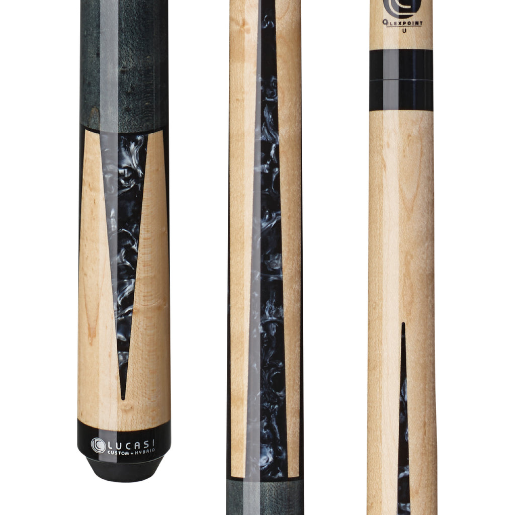 Three close-ups of the Lucasi Lux® LUX48 Pool Cue featuring a black and birdseye maple design.