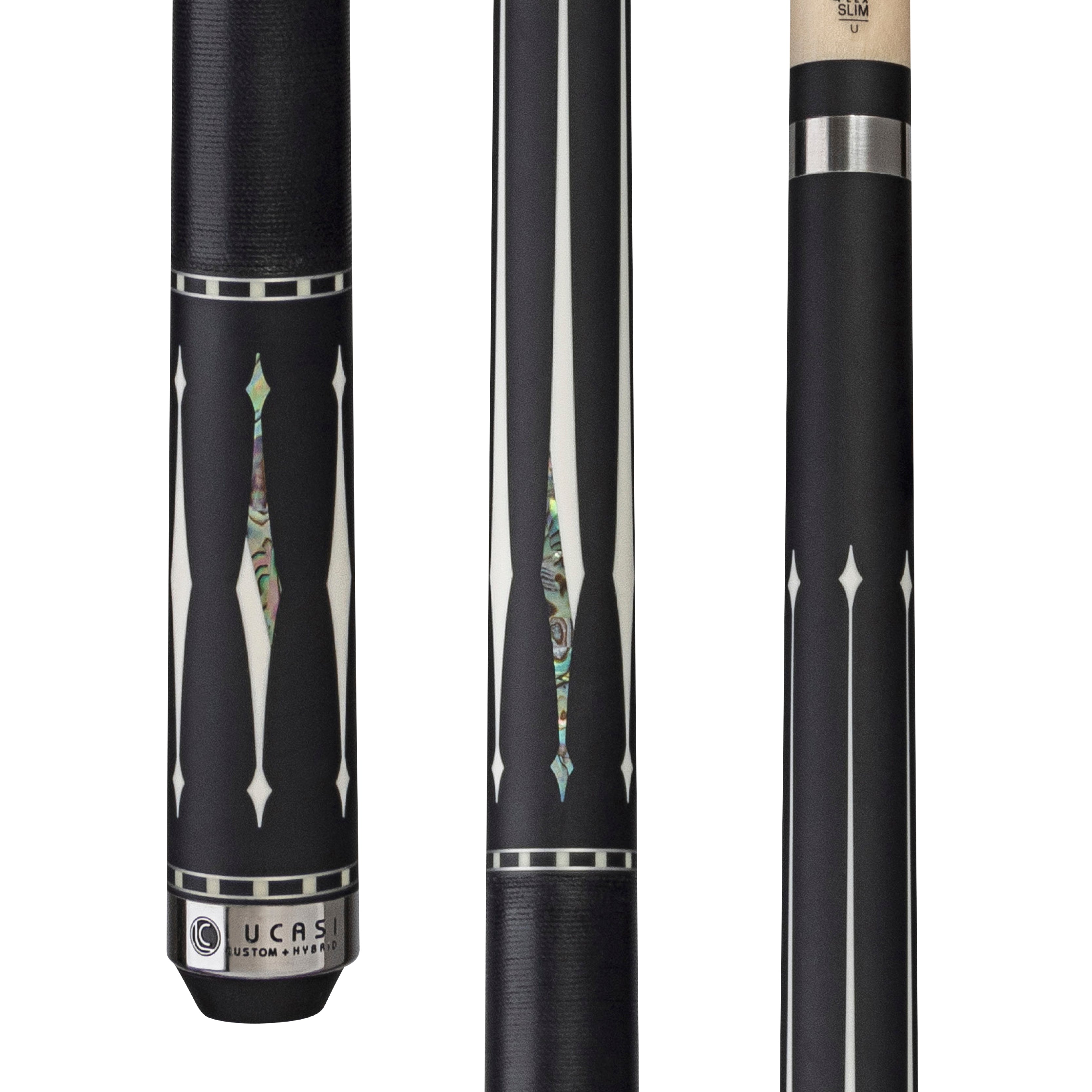 Lucasi Lux® LUX59 Pool Cue: black with white diamond inlays, abalone, and Uni-Loc shaft.
