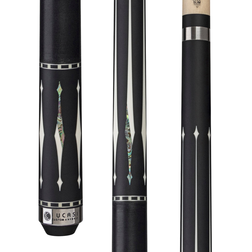 Lucasi Lux® LUX59 Pool Cue: black with white diamond inlays, abalone, and Uni-Loc shaft.