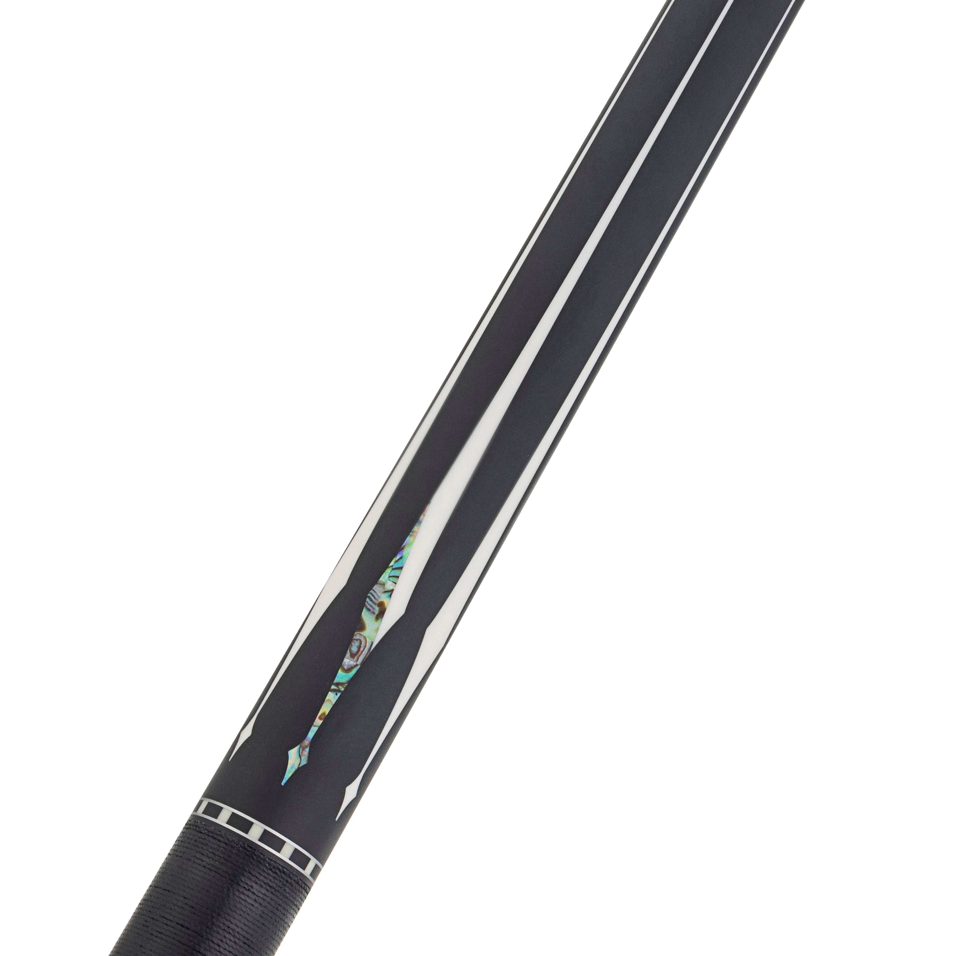 Close-up of a Lucasi Lux® LUX59 Pool Cue with decorative inlay and white geometric accents.
