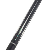 Close-up of a Lucasi Lux® LUX59 Pool Cue with decorative inlay and white geometric accents.