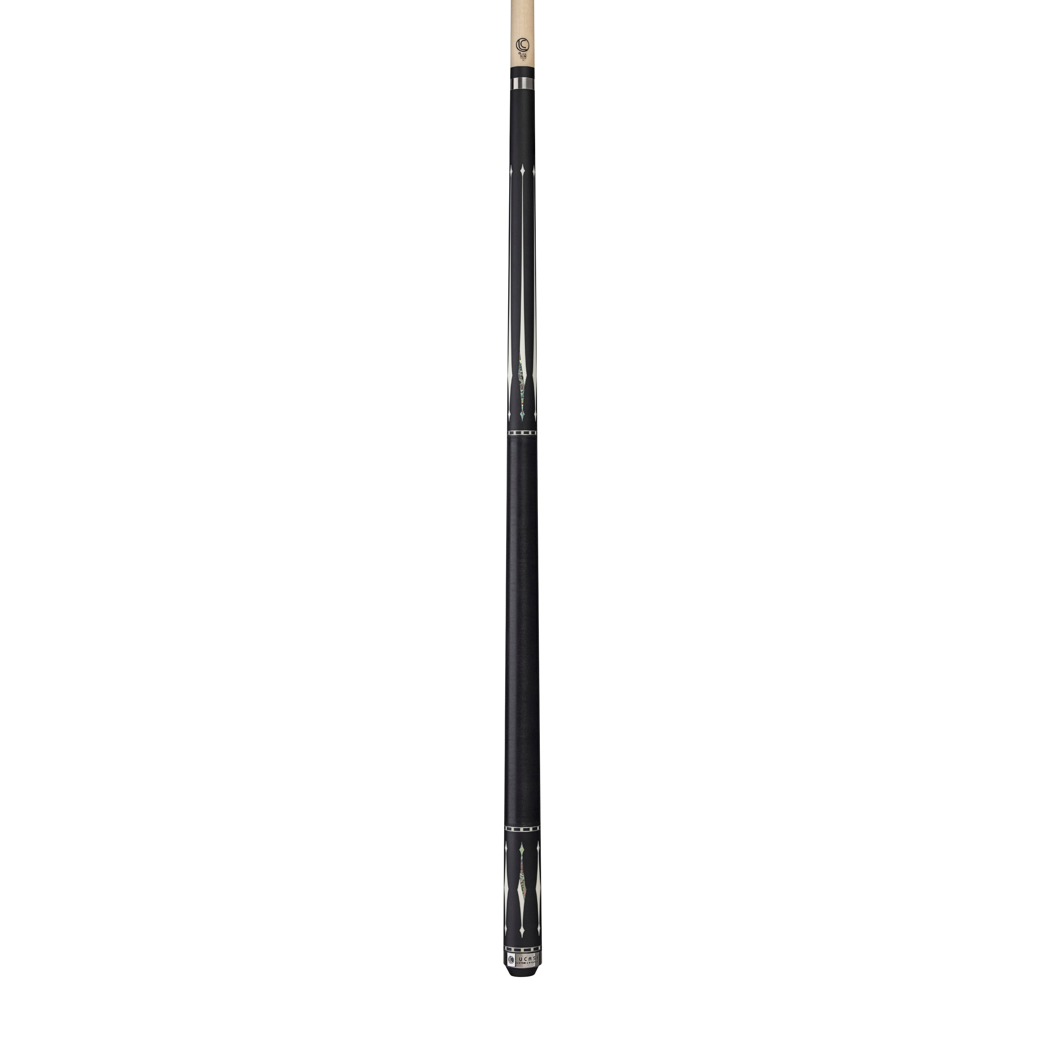 A Lucasi Lux® LUX59 black and beige pool cue with Tiger Everest tip stands upright on white.