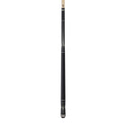 A Lucasi Lux® LUX59 black and beige pool cue with Tiger Everest tip stands upright on white.