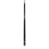 A Lucasi Lux® LUX59 black and beige pool cue with Tiger Everest tip stands upright on white.