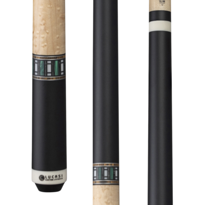 Three views of the Lucasi Lux® LUX61 pool cue featuring a low deflection shaft and ring designs.