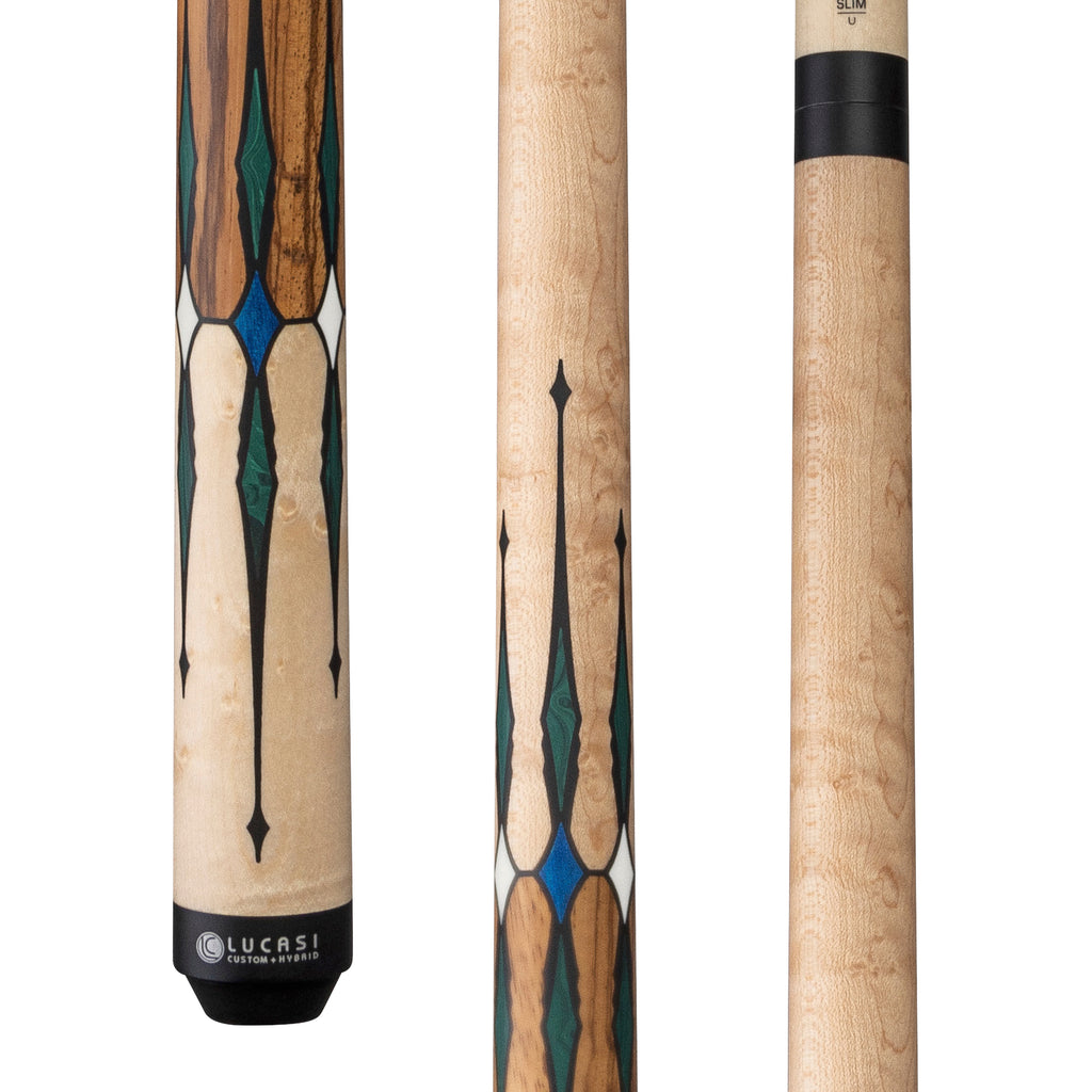 Three views of the Lucasi Lux® LUX64 Pool Cue, showcasing hybrid tech and striking inlays.
