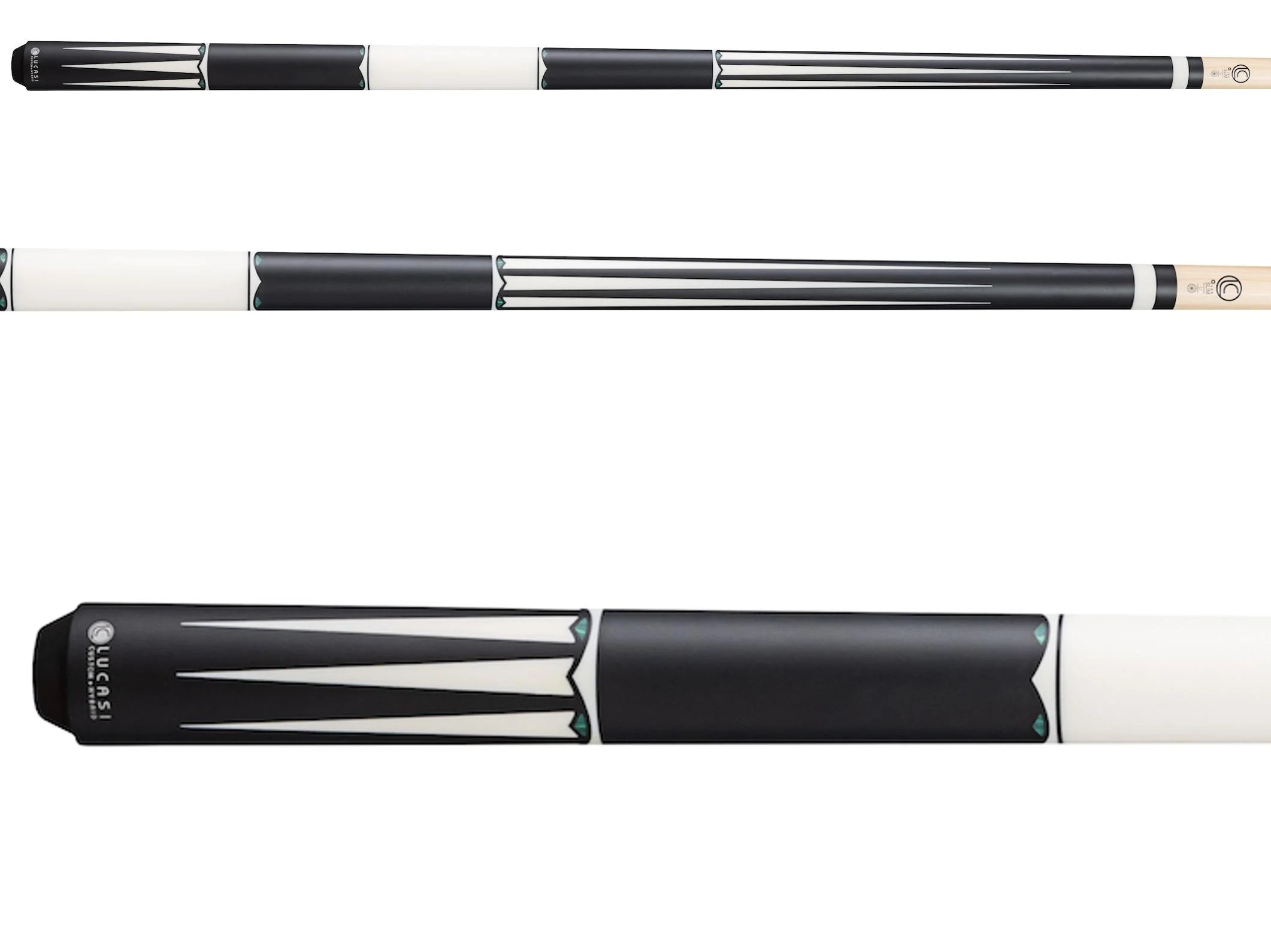 Lucasi Limited Edition LUX67 Cue in matte black with geometric pattern and Kamui Pro tip.