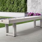 American Heritage Lanai 9' Outdoor Shuffleboard Table in Pearl White on a tiled patio.