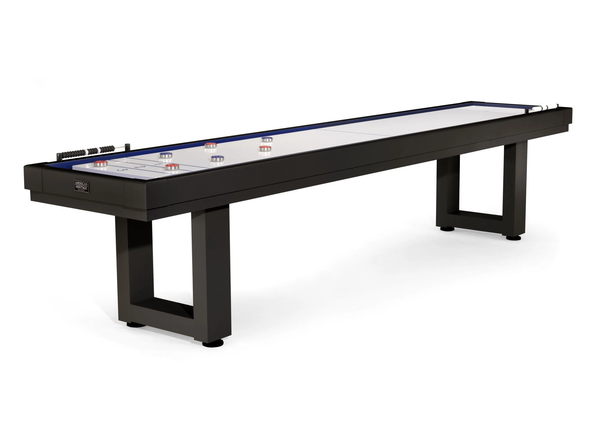 American Heritage Lanai 12' Obsidian Black shuffleboard with pucks and score beads.