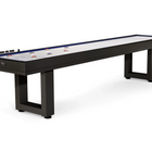 American Heritage Lanai 12' Obsidian Black shuffleboard with pucks and score beads.