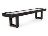 American Heritage Lanai 12' Obsidian Black shuffleboard with pucks and score beads.