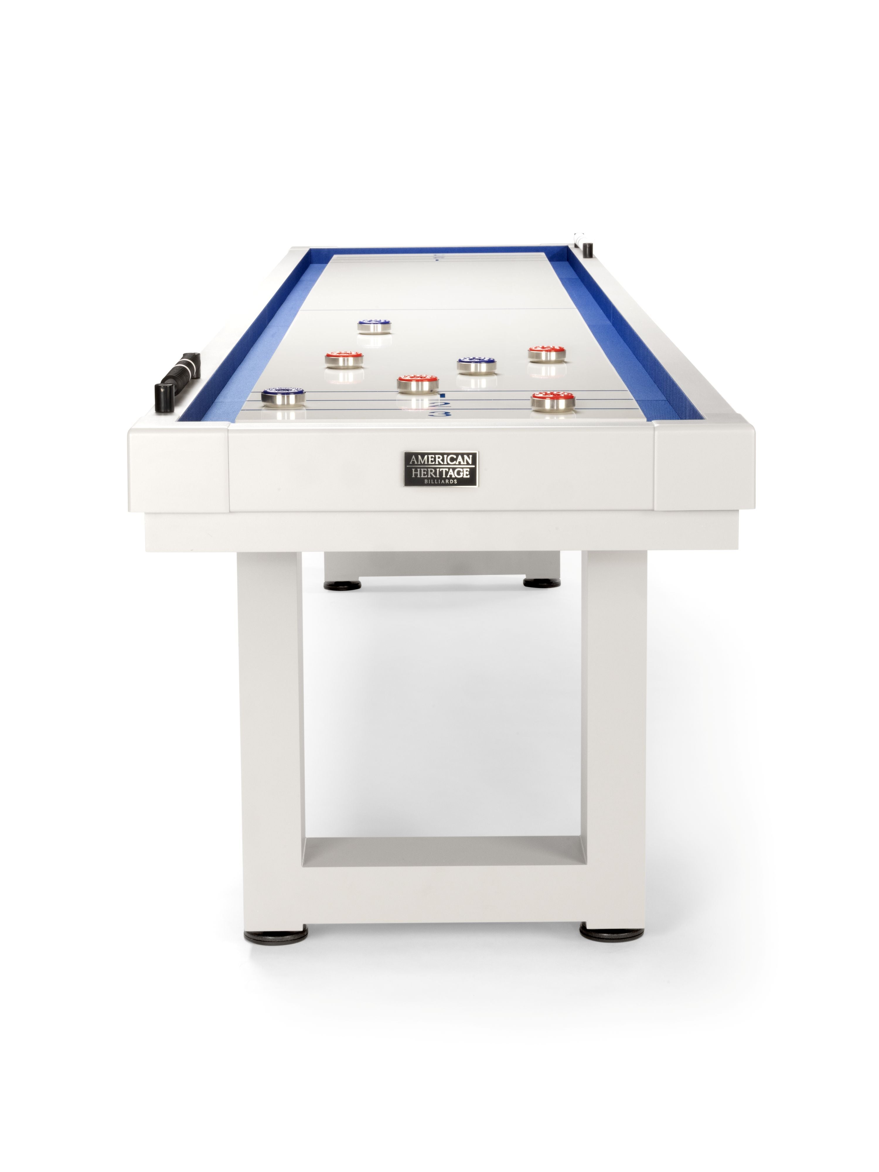 American Heritage Lanai 9' shuffleboard table in Pearl White with pucks on the surface.