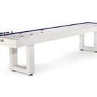 American Heritage Lanai 9' Outdoor Shuffleboard Table in Pearl White with pucks and scorers.