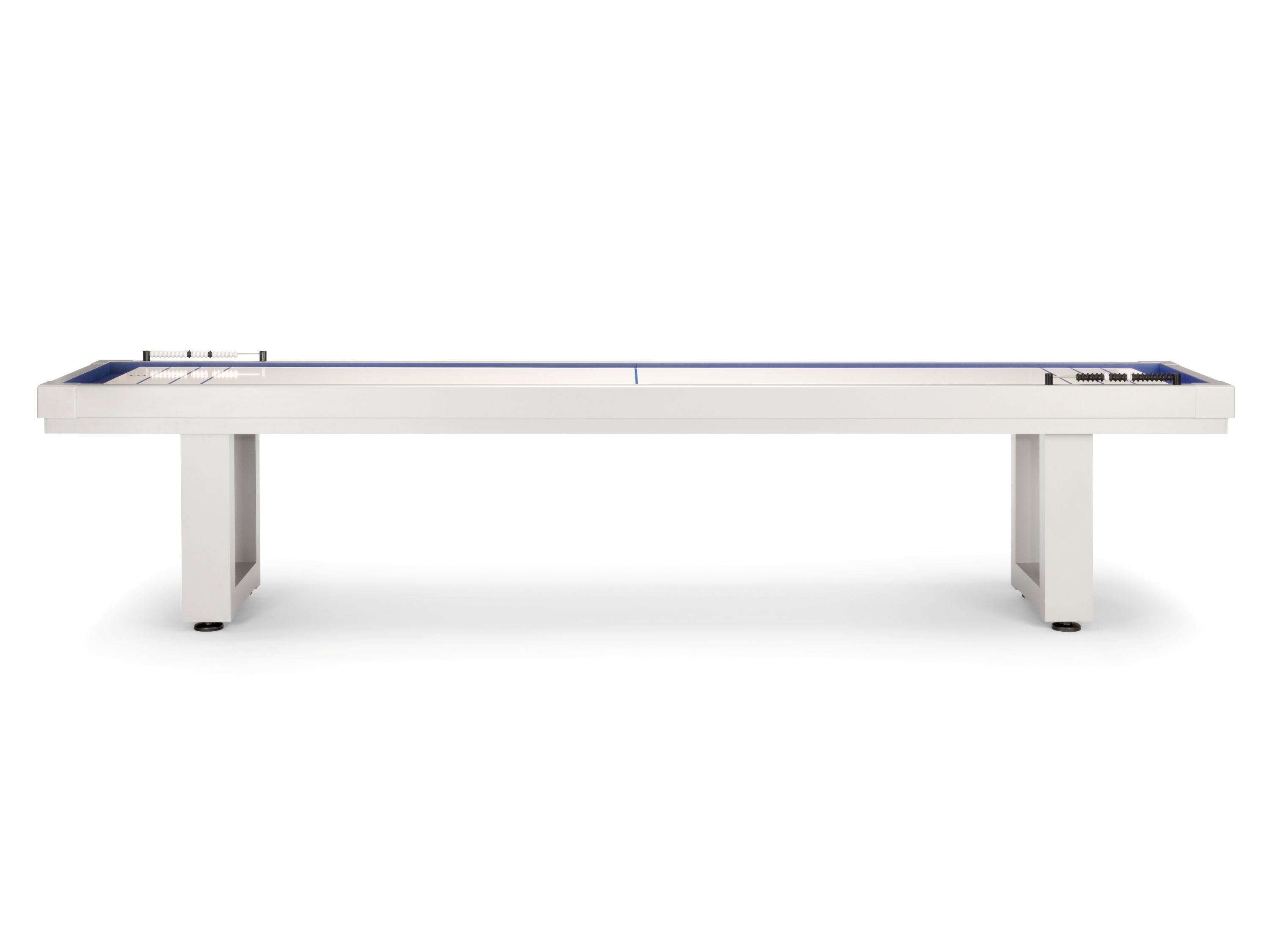 American Heritage Lanai 9' Pearl White Shuffleboard Table with blue surface and scoring markers.