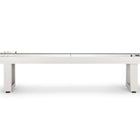 American Heritage Lanai 9' Pearl White Shuffleboard Table with blue surface and scoring markers.