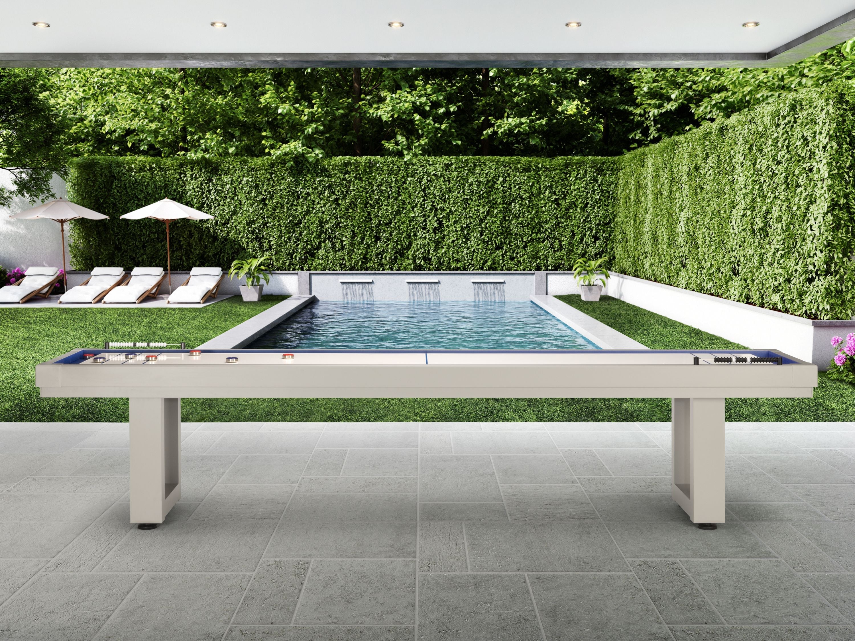 American Heritage Lanai 12' Outdoor Shuffleboard Table in Oyster Grey on a tiled patio.