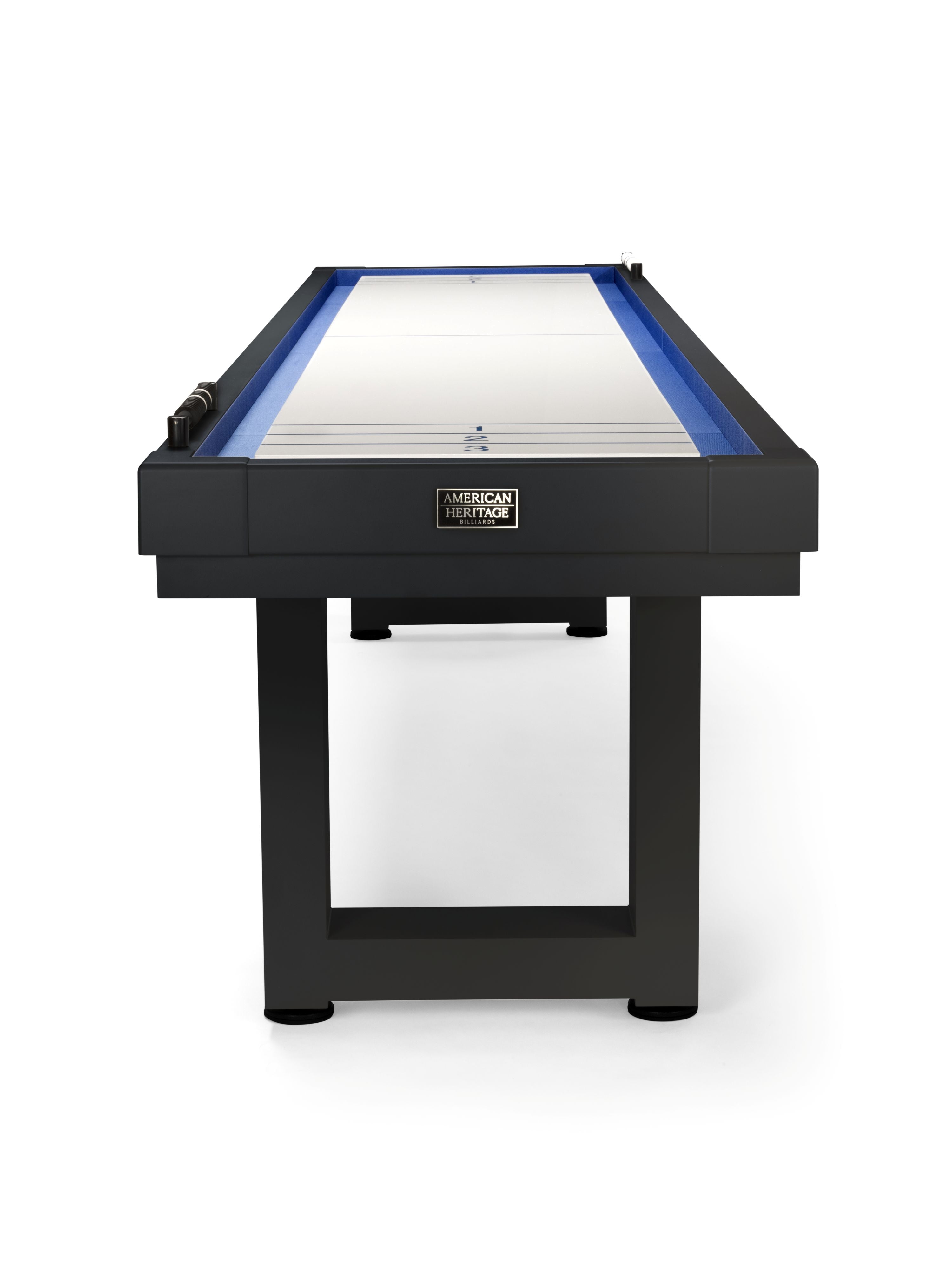 American Heritage Lanai 9' Outdoor Shuffleboard Table in Obsidian Black, viewed from one end.