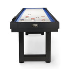 American Heritage Lanai 9' Outdoor Shuffleboard Table in Obsidian Black with pucks on top.