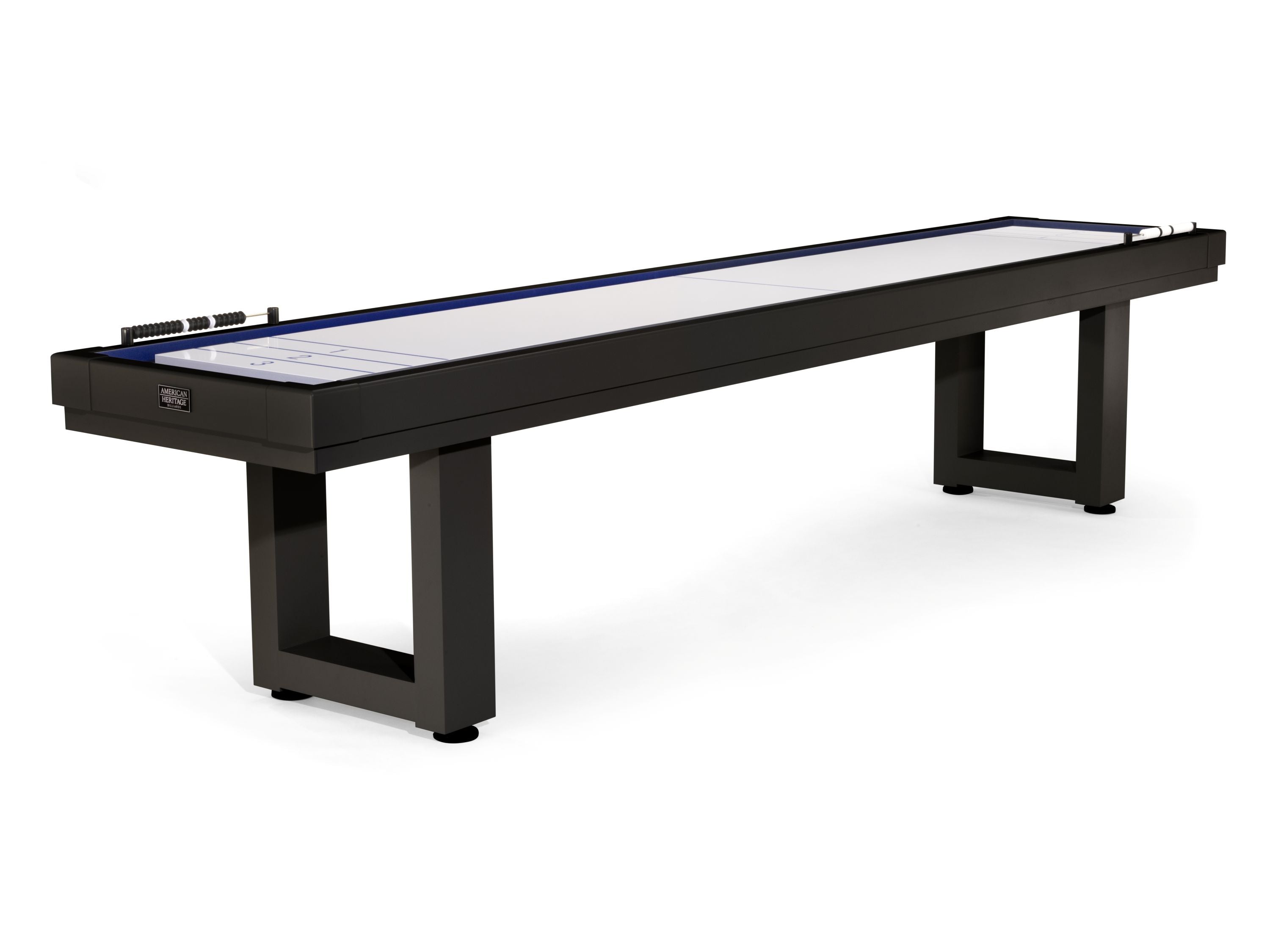 American Heritage Lanai 9' Outdoor Shuffleboard Table in Obsidian Black with scoring beads left.