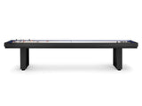 American Heritage Lanai 9' Outdoor Shuffleboard Table in Obsidian Black, front view.