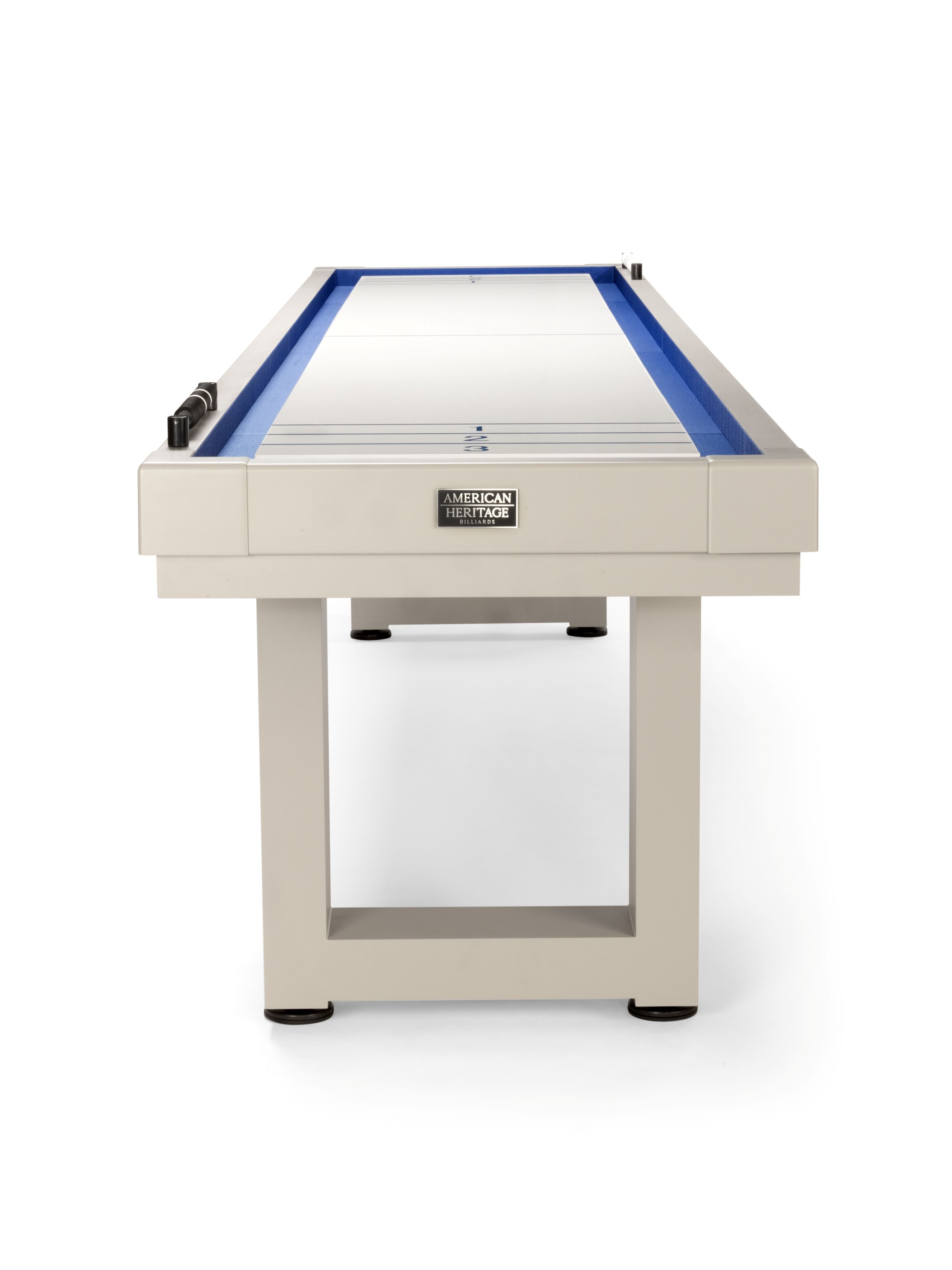 American Heritage Lanai 12' Outdoor Shuffleboard Table in Oyster Grey with blue trim.