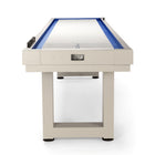 American Heritage Lanai 12' Outdoor Shuffleboard Table in Oyster Grey with blue trim.