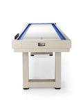 American Heritage Lanai 12' Outdoor Shuffleboard Table in Oyster Grey with blue trim.