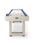 American Heritage Lanai 12' Outdoor Shuffleboard Table in Oyster Grey with pucks arranged.