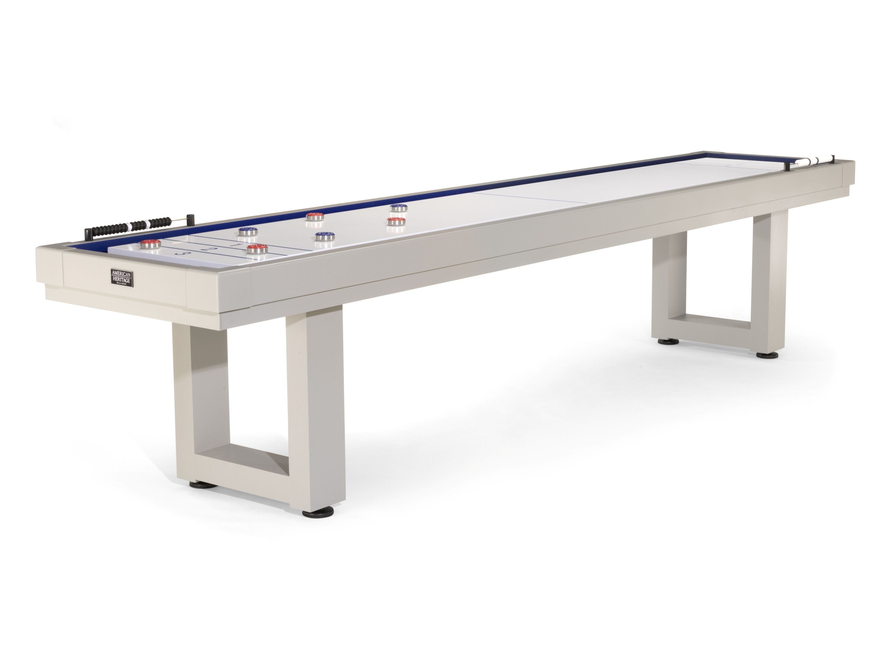 American Heritage Lanai 12' Outdoor Shuffleboard Table in Oyster Grey with pucks and score counters.