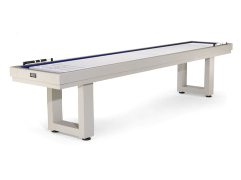 American Heritage Lanai 9' Oyster Grey shuffleboard table with metal legs and scoring markers.