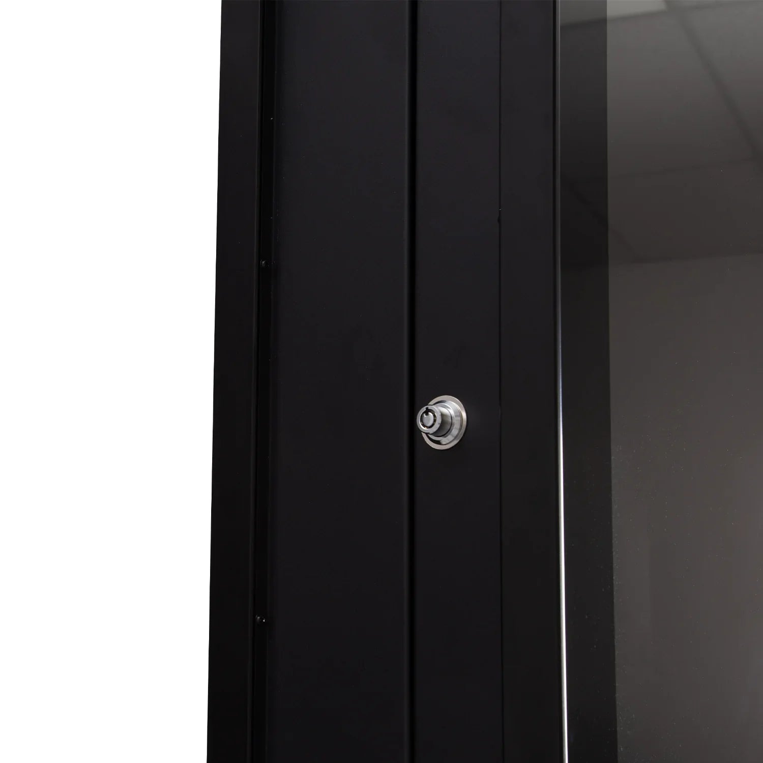 Close-up of a metal lock on a glass cabinet near an LEDScopic DOUBLE SCREEN 4K USB DIGITAL KIOSK.