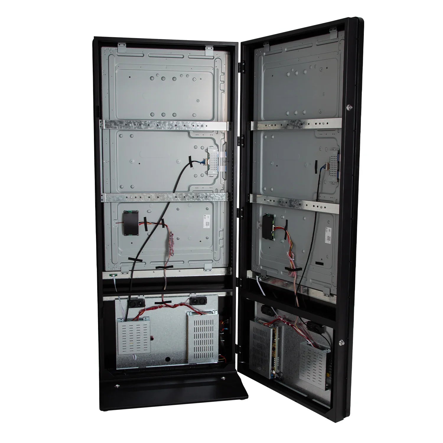 Open server cabinet beside LEDScopic DOUBLE SCREEN 4K USB DIGITAL KIOSK showing wiring inside.