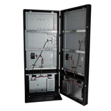 Open server cabinet beside LEDScopic DOUBLE SCREEN 4K USB DIGITAL KIOSK showing wiring inside.