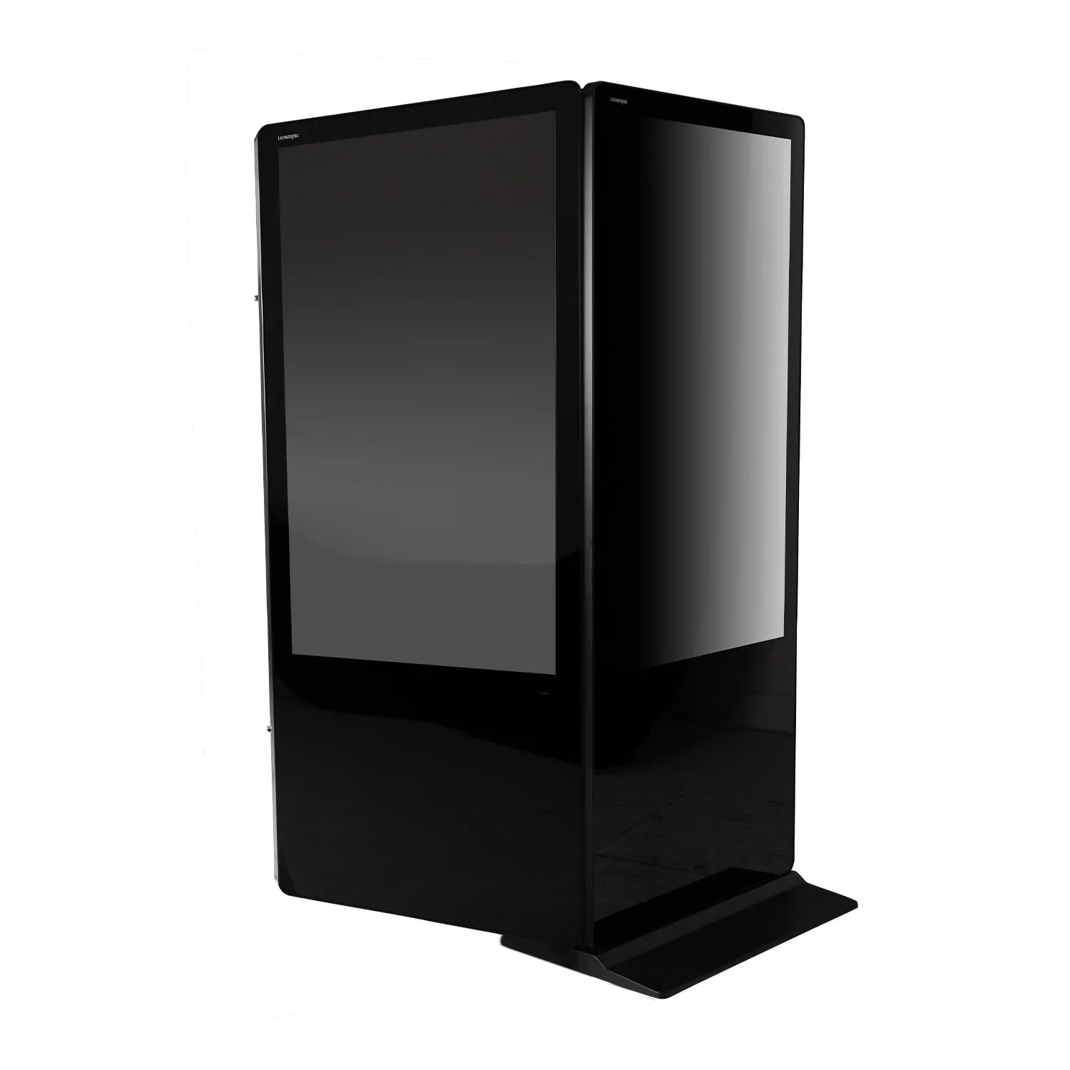 Two LEDScopic DOUBLE SCREEN 4K kiosks, 55", black, positioned back-to-back on a base.