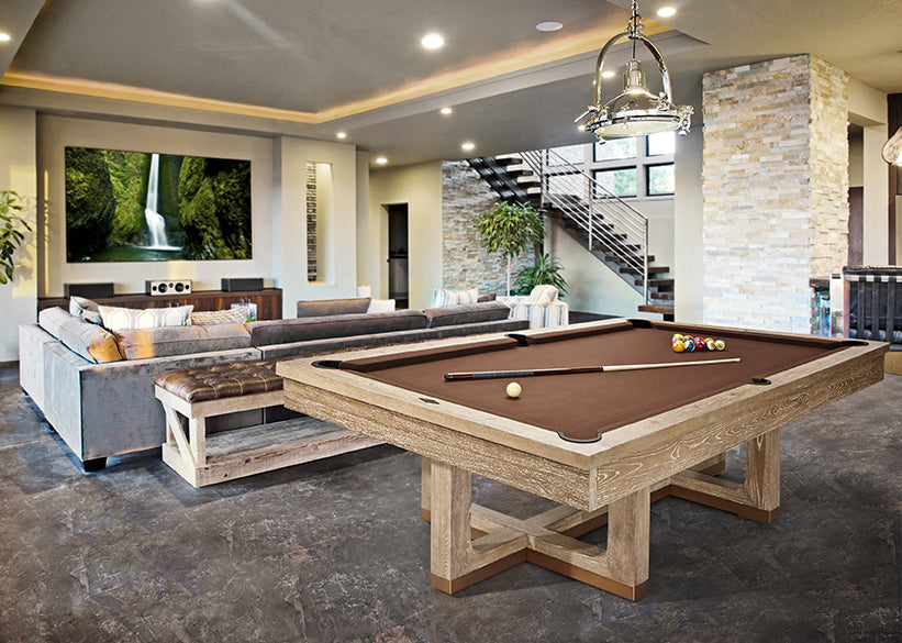 Modern living room with a Brunswick Billiards Matanza 8' Slate Pool Table in Sandwashed.