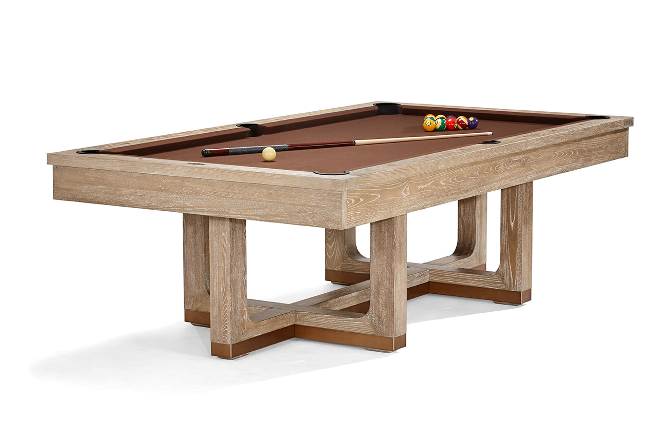 Brunswick Billiards Matanza 8' Slate Pool Table in Sandwashed with brown felt and accessories.