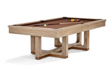Brunswick Billiards Matanza 8' Slate Pool Table in Sandwashed with brown felt and accessories.