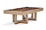 Brunswick Billiards Matanza 8' Slate Pool Table in Sandwashed with balls on white background.
