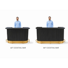 Two cocktail bars of different lengths with a person for scale on a white background