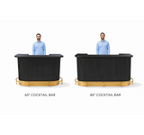 Two cocktail bars of different lengths with a person for scale on a white background