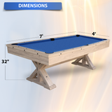 Pool table with dimensions labeled on a white background