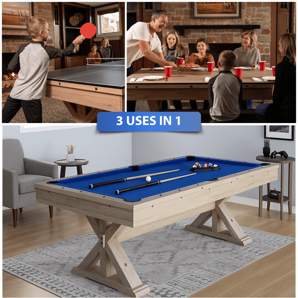 Multifunctional game table used for ping pong, pool, and dining with family and children.