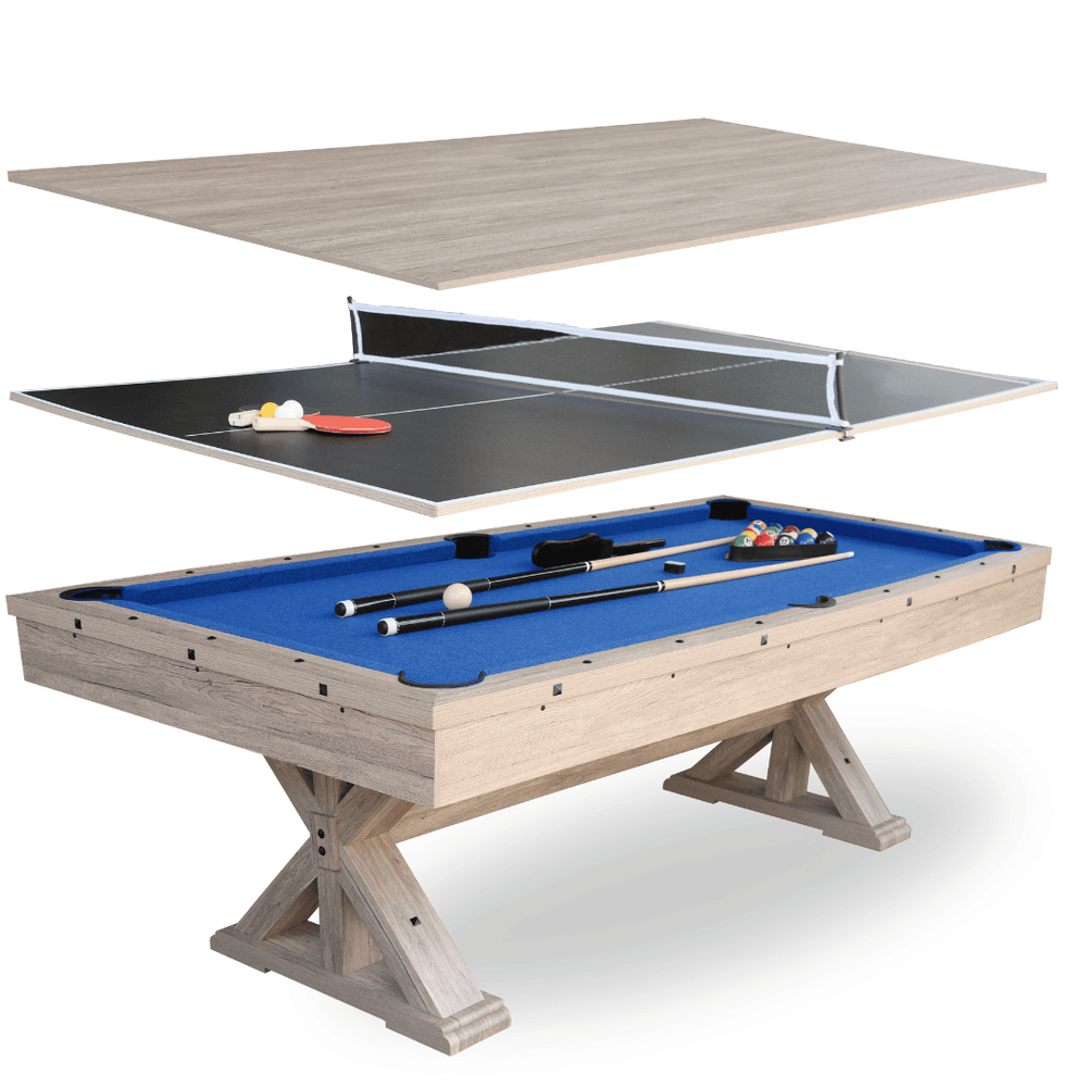 Multi-game table with pool, ping pong, and table tennis components on a white background