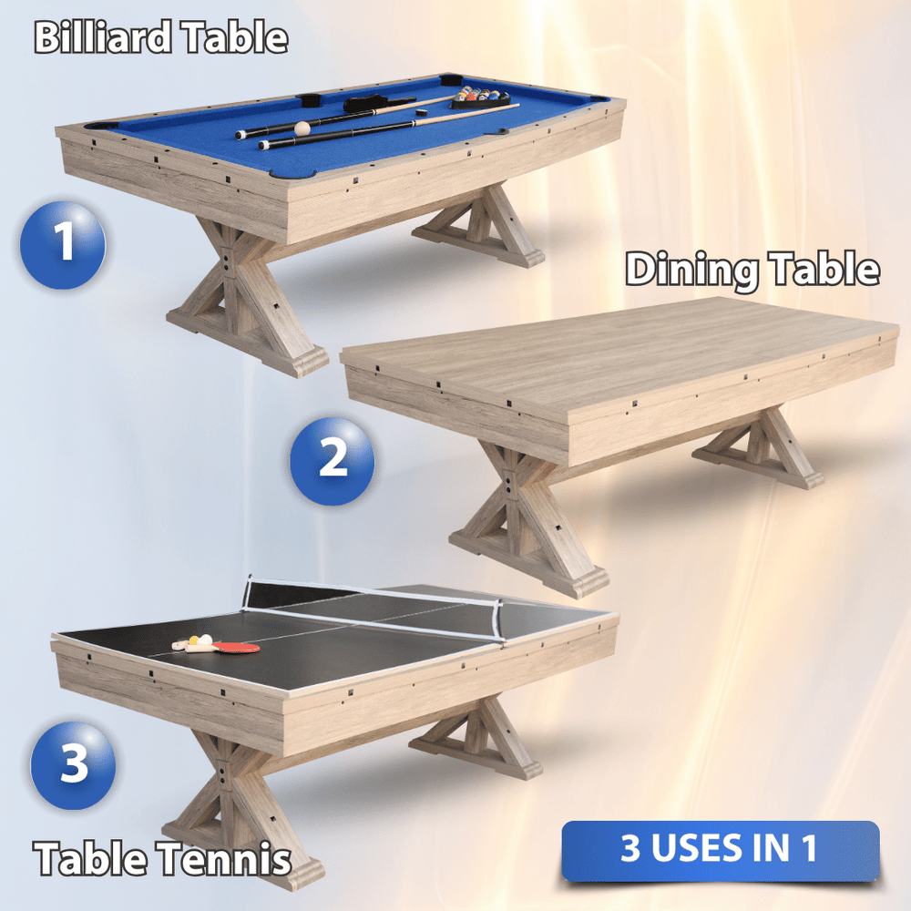 Multifunctional table with billiards, dining, and ping pong surfaces on a white background.