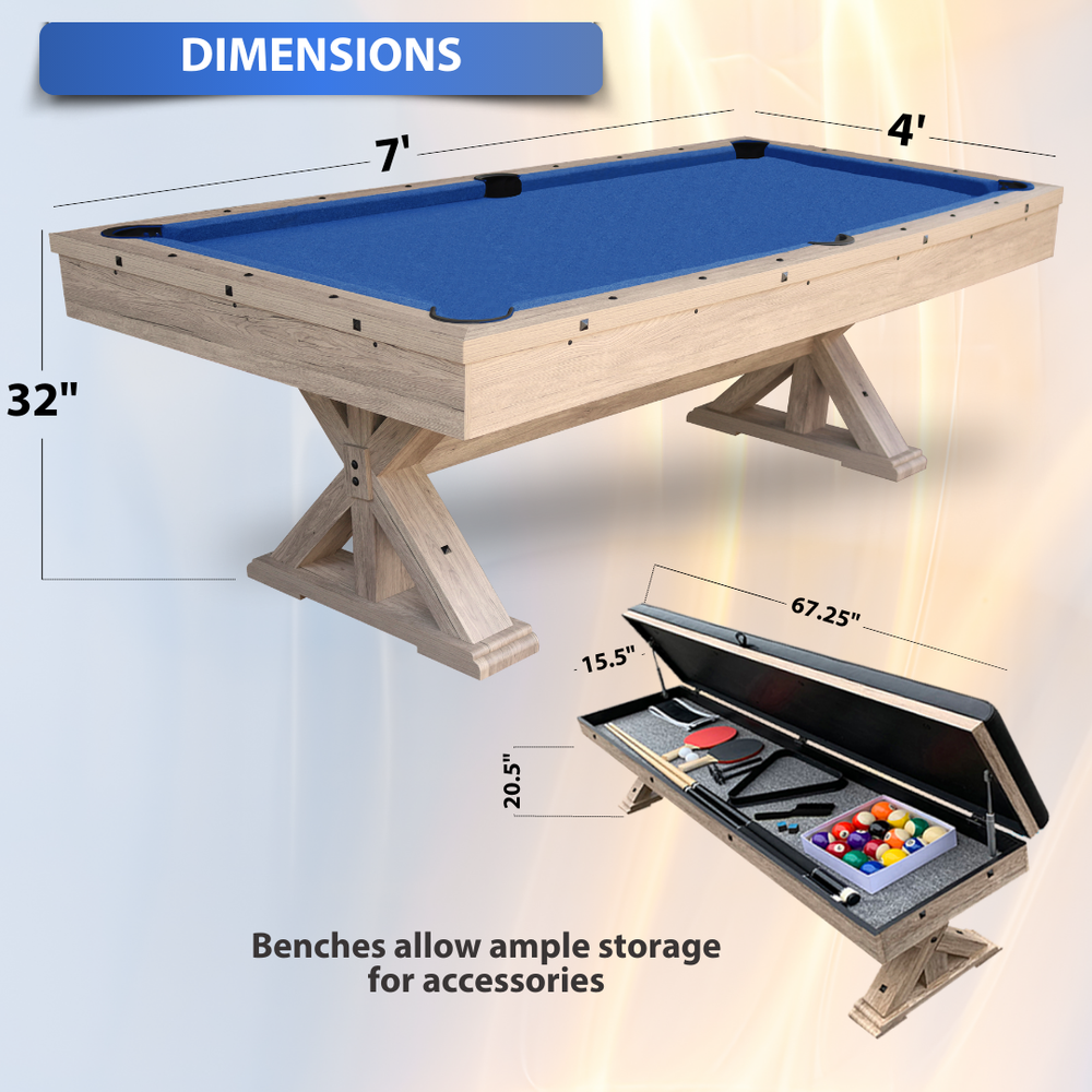 Pool table with dimensions labeled on a light background