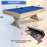 Pool table with dimensions labeled on a light background