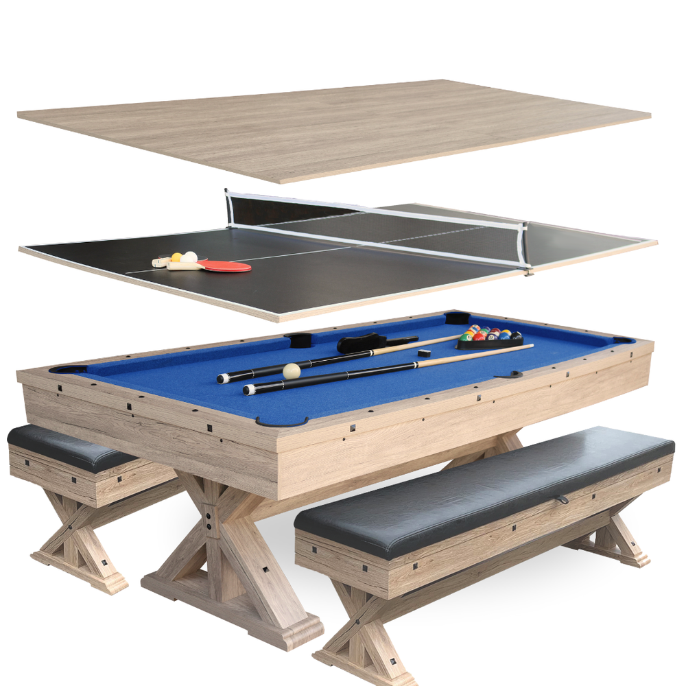Multi-game table with pool, ping pong, and table tennis surfaces on a white background