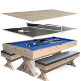Multi-game table with pool, ping pong, and table tennis surfaces on a white background