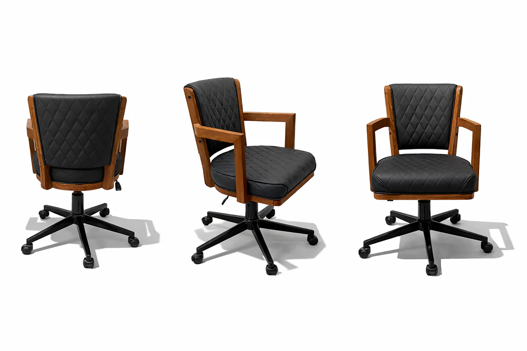 Three office chairs with black seats and wooden frames on a white background